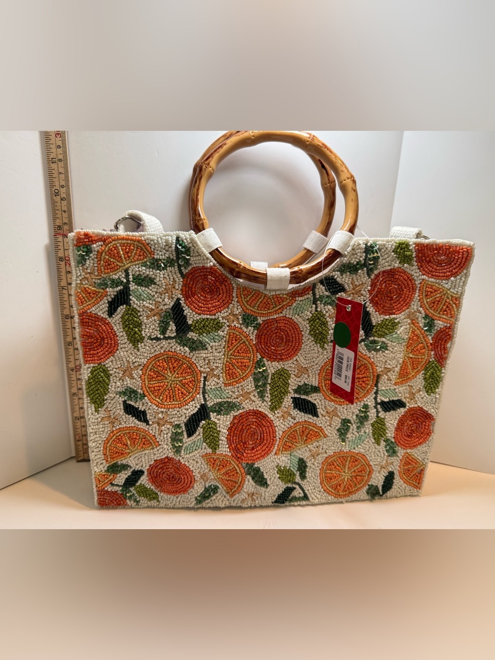 * Kelly & Katie Orange Green Fruit Motif Beaded Canvas Tote with Bamboo Handles